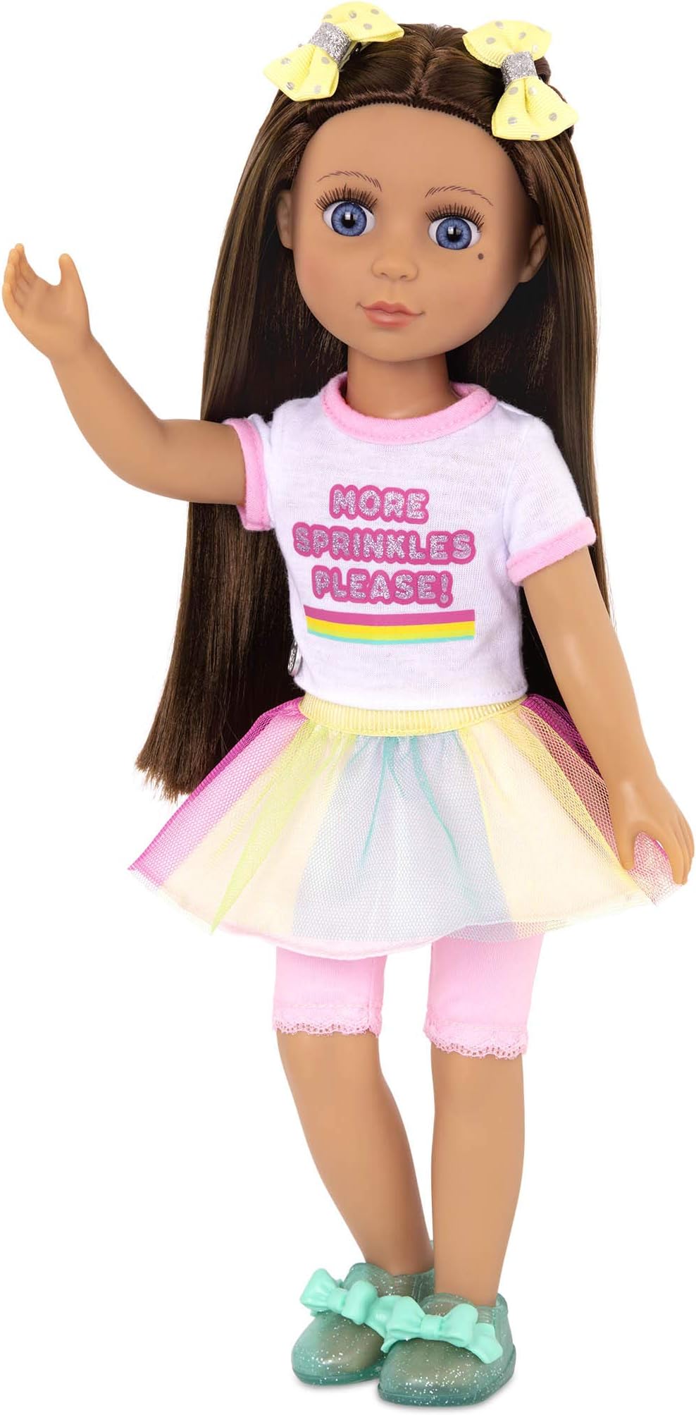 Kika - 36 cm Moving Fashion Doll Kika - Brown Hair & Blue Eyes - Ice Cream Outfit - Rainbow Skirt & 2 Hair Bows - Toys, Clothing and Accessories for Children 3 Years +