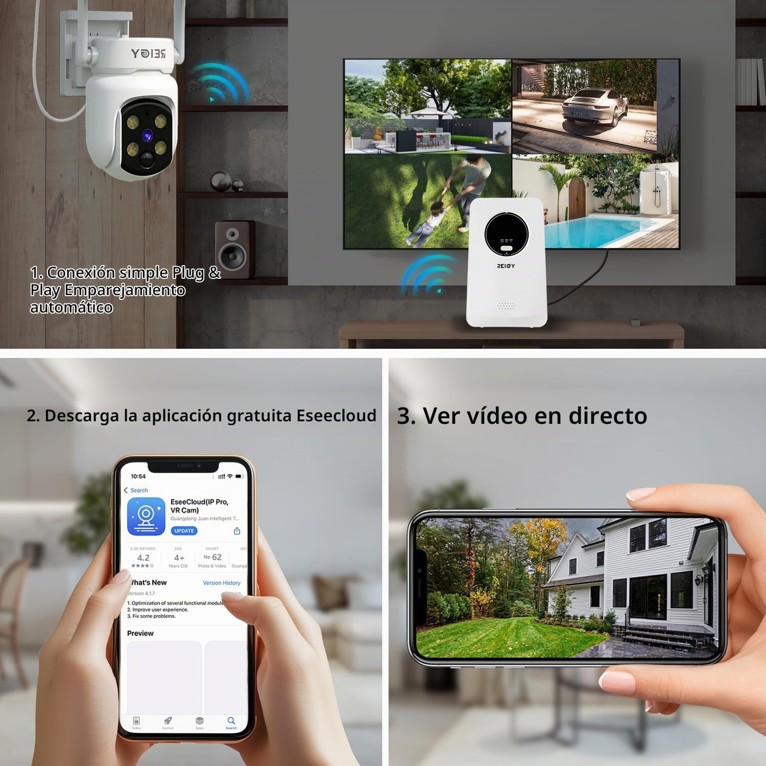 REIGY 4MP Kit Camara de Vigilancia WiFi Exterior/Interior Solar con Tarjeta SD de 64GB, 10CH Sistema Camara Seguridad sin Cable, 2X 360° PT Camera Visión Nocturna, Detección Movimiento, Audio 2 Vias