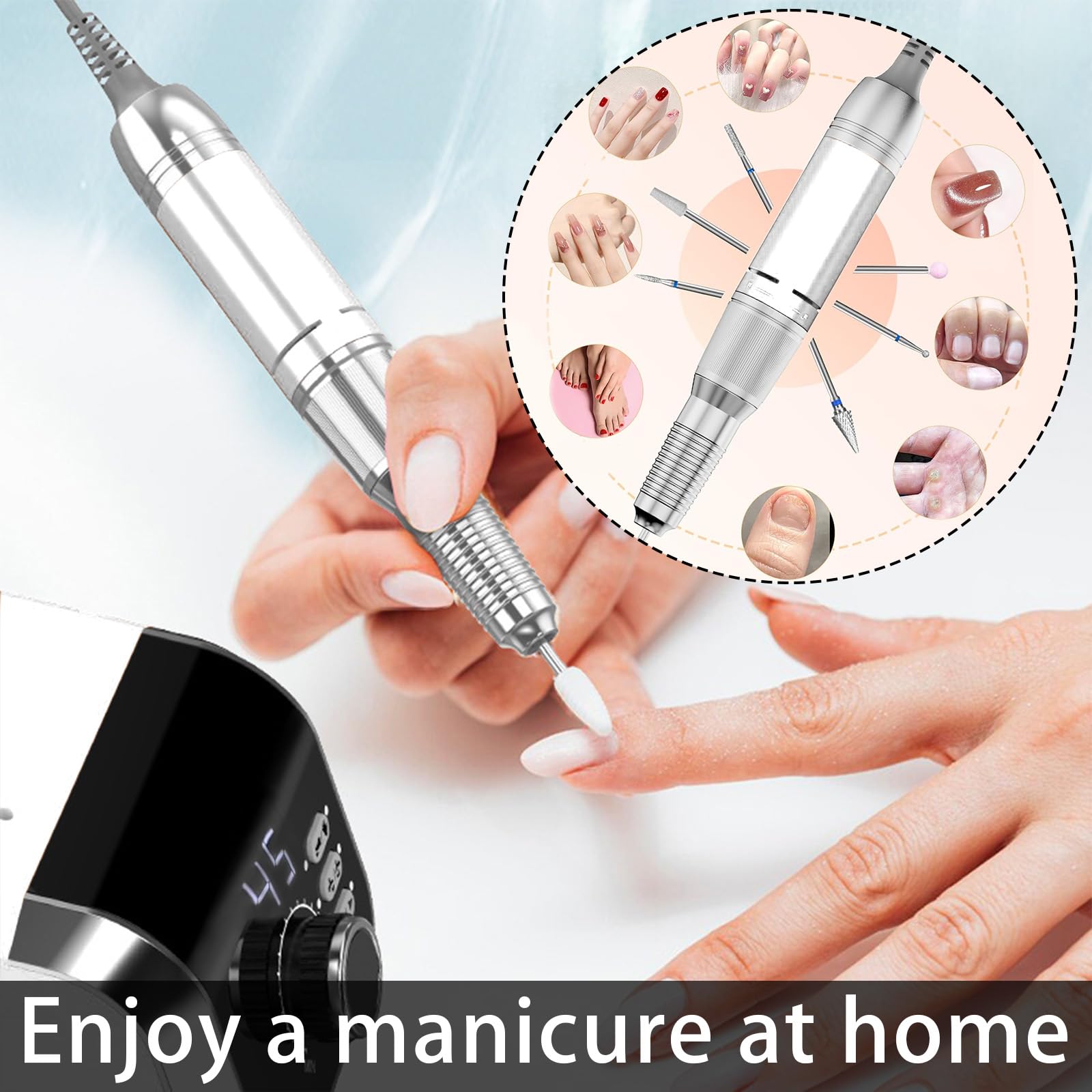 Torno para Uñas, 45,000 RPM Torno para Uñas Profesional, Limas de Uñas Profesionales con 45 Niveles Ajustables y Pantalla LCD, Set de Lima Electrica Uñas para Uso Doméstico y Salones de Uñas