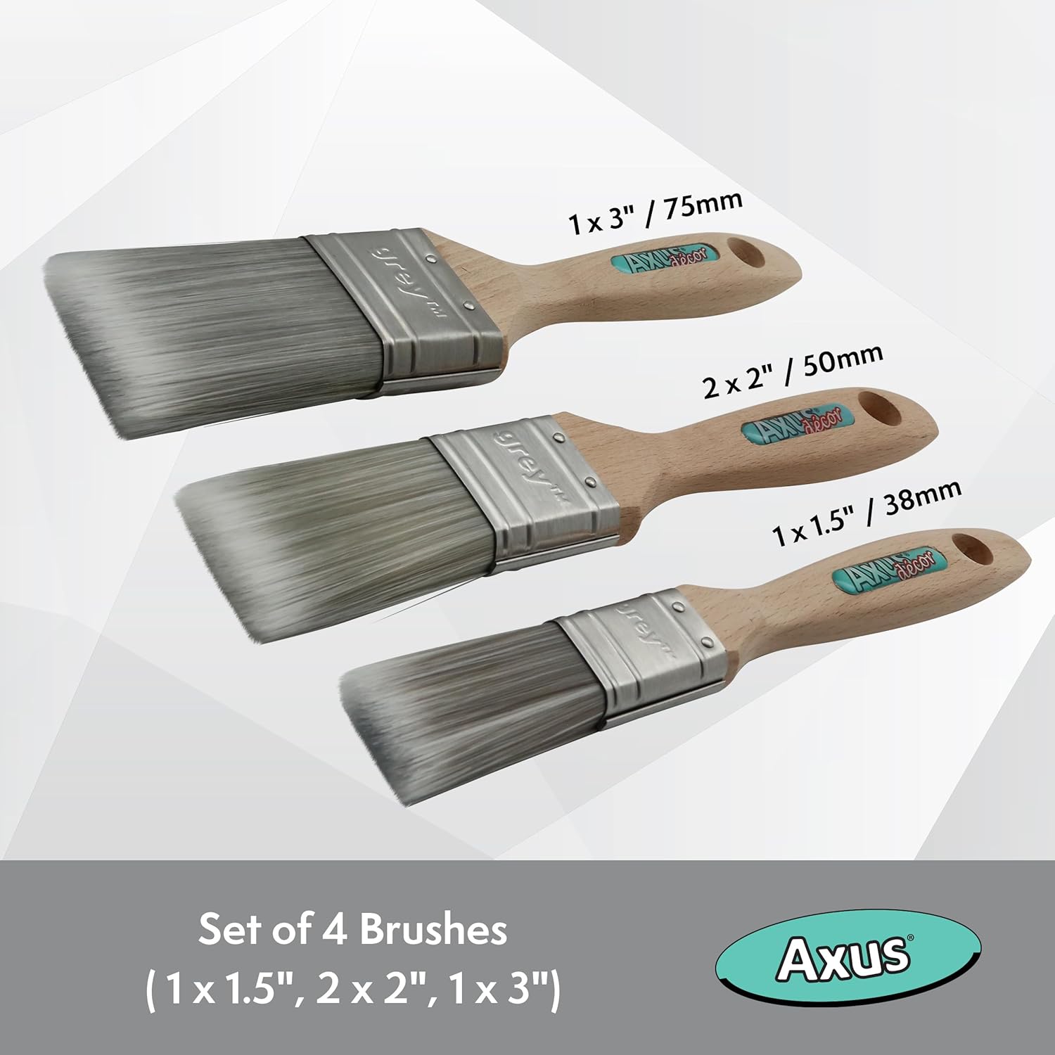 Axus Decor S-Finish Paint Brush Set of 4 (Grey Series) for All Paints with Eco-Friendly FSC-Certified Beechwood Handle 1.5"", 2 x 2, 3"""