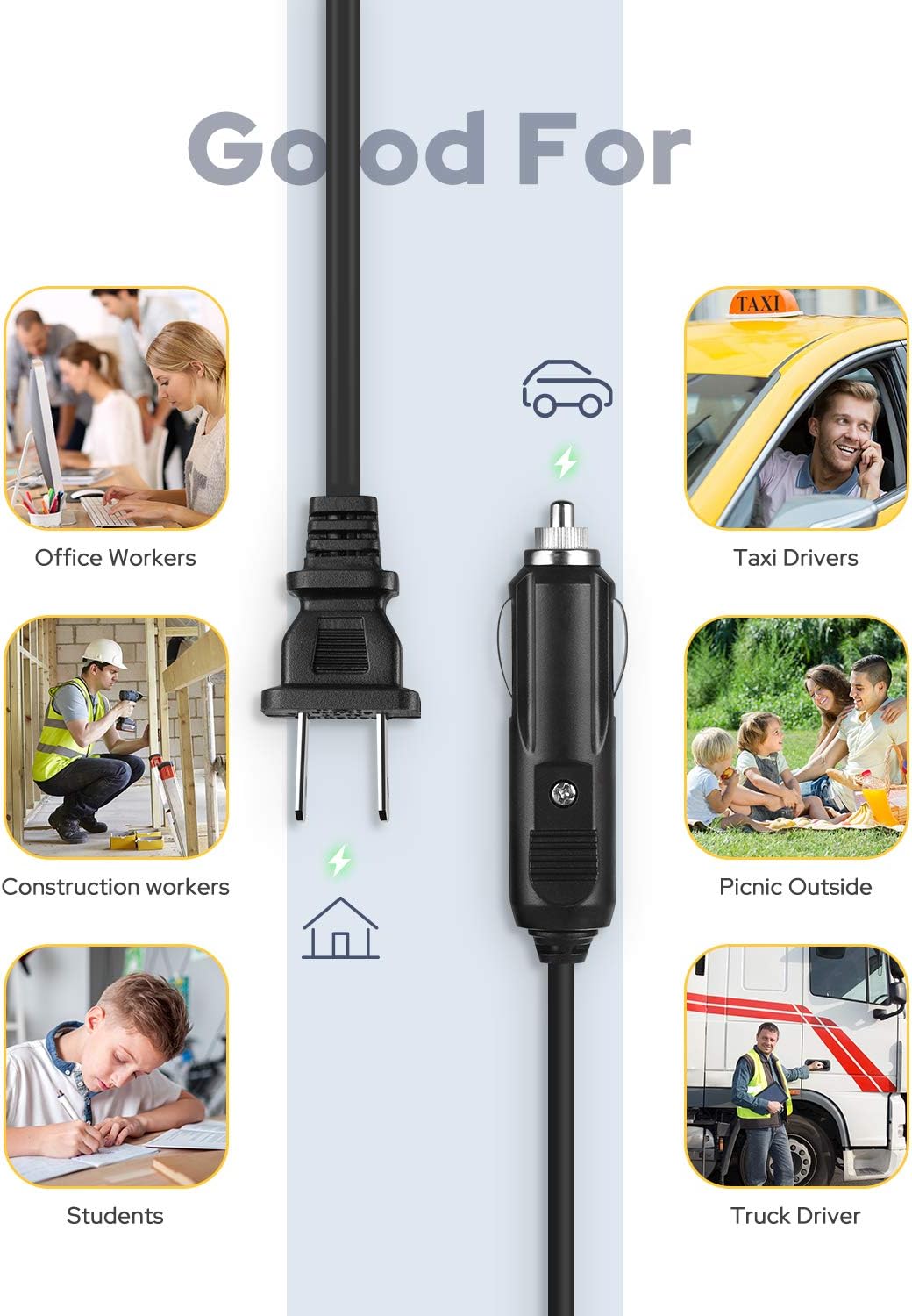 YISSVIC Electric Food Heater showing various use cases and power cords.