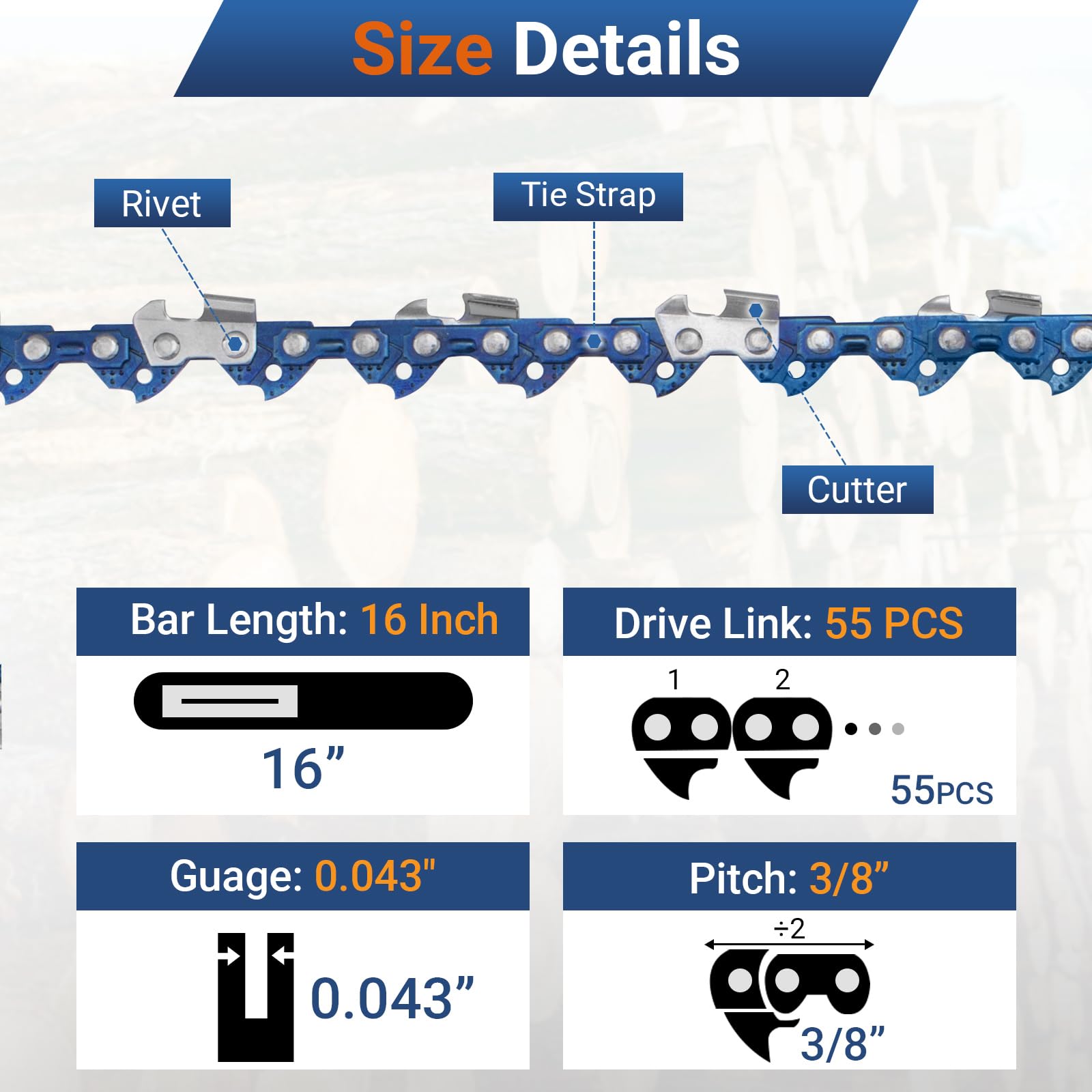 61PMM355 - Cadena de motosierra de 16 pulgadas para Stihl MS170 MS171 MS180c - 36100050055, motosierra R55, paso LP de 3/8 pulgadas, calibre de 0.04 pulgadas, 55 eslabones de transmisión (paquete de 3