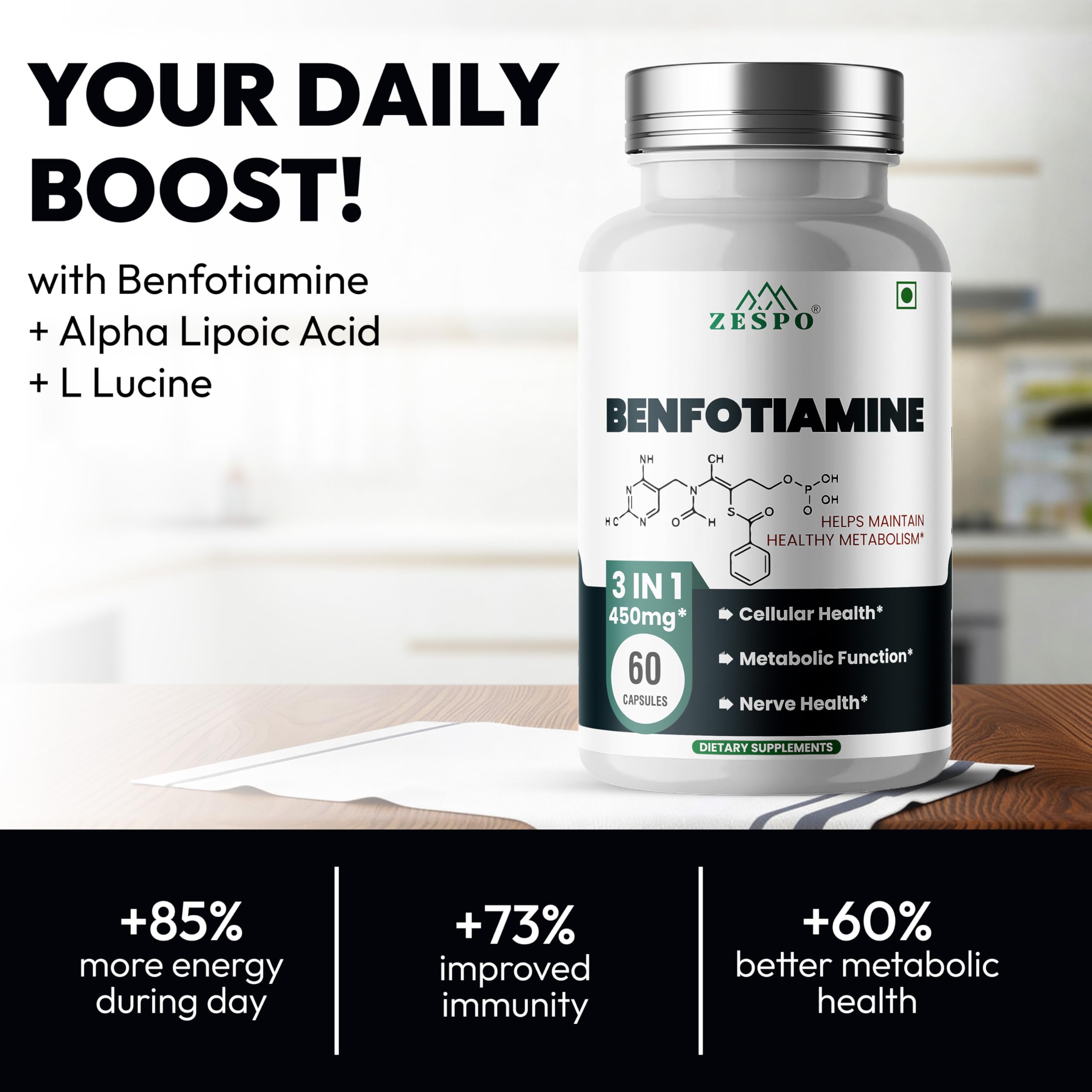 Zespo Benfotiamine 450mg Vitamin B1 Alpha Lipoic Acid L-Leucine 60 Ct 2