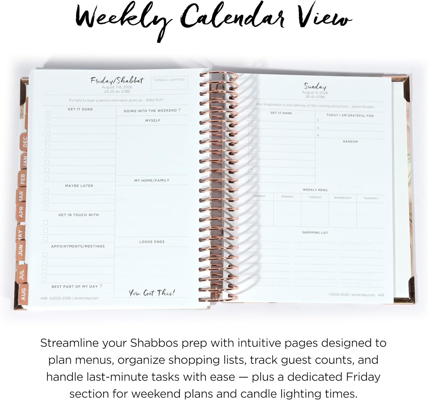 SEPTEMBER 2025 - AUGUST 2026 WIRE BOUND JEWISH DAILY PLANNER- BE SHABBOS AND YOM TOV READY, ACHIEVE YOUR GOALS AND PRIORITIZE YOUR DAY WITH DAILY, WEEKLY, AND MONTHLY VIEWS, 9.3"X8.6"