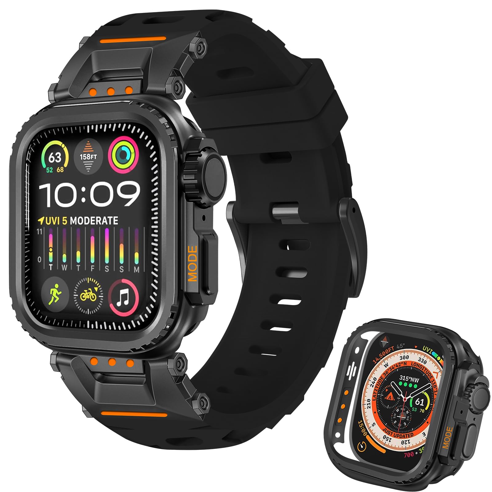 Rugged Strap for Apple Watch Bands 44mm with Ultra Style Stainless Steel Case, Armor Sport Band for iWatch Series 6/5/4 with Metal Connector, Durable TPU Wristband for Apple Watch Men Black/Black