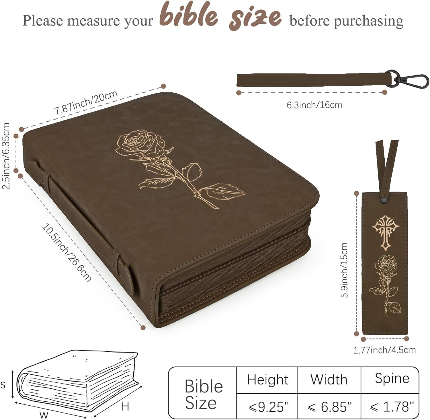 Bible Covers for Women & Men, Leather Bible Case with Rose Bookmark, Bible Supplies Carrying Bag Tote with Strap, Personalized Gift for Study, Journaling, Church-Dark Brown