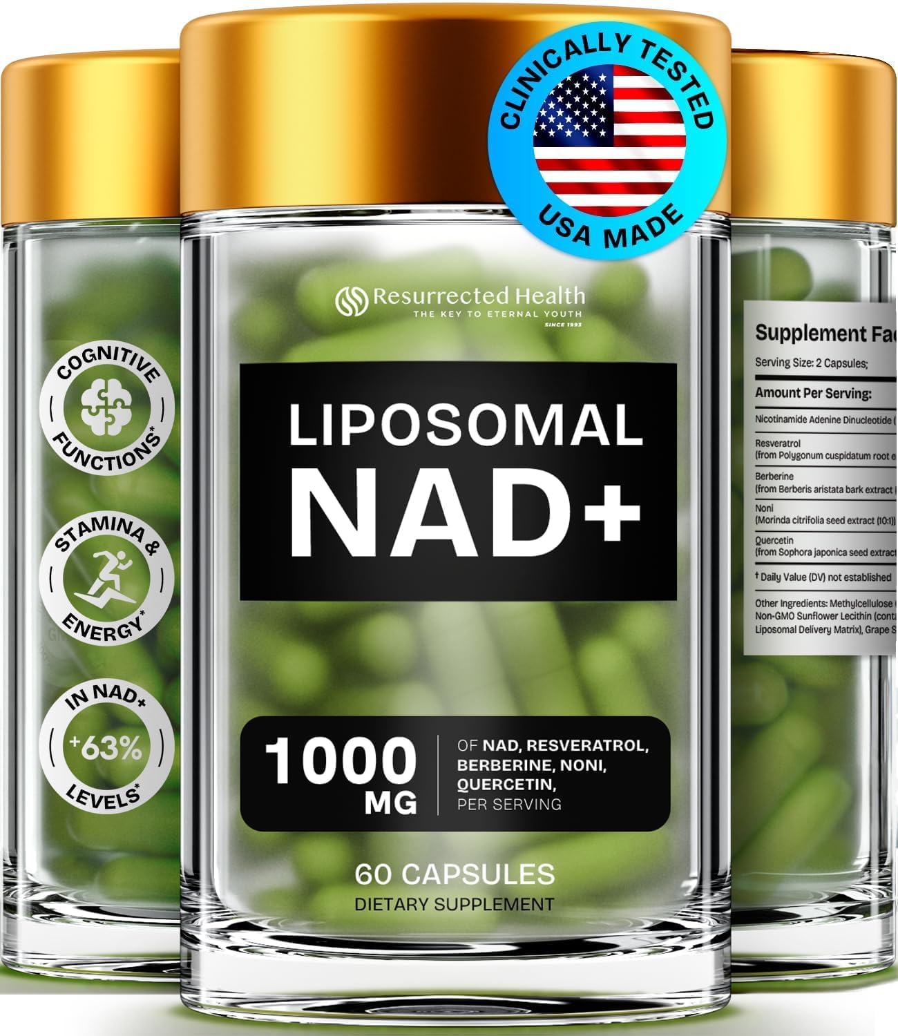 Liposomal NAD Supplement for Women w/Noni | 5-in-1 NAD Resveratrol Supplement w/Berberine & Quercetin | Pure NMN Powder Alternative | Supports Anti Aging & NAD+ Levels | 60 caps - 1 Pack