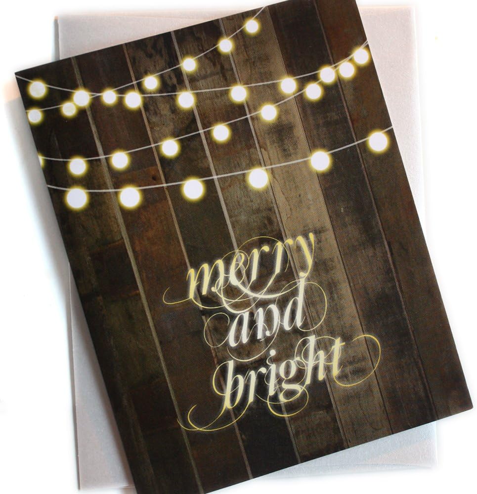 Christmas Holiday Cards - Blank Inside - Set of 24 - Globe String Lights, Merry & Bright - Pearlescent White Envelopes