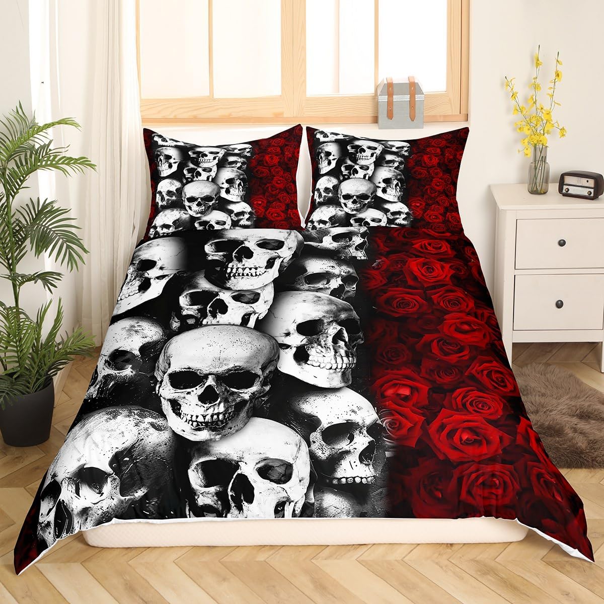 Erosebridal Floral Skull Comforter Cover Red Rose Sugar Skull Duvet Cover Set for Kids Boys Girls Gothic Skull Bedding Set Skeleton Bones Hipster Quilt Cover with 2 Pillow Cases King Size Halloween