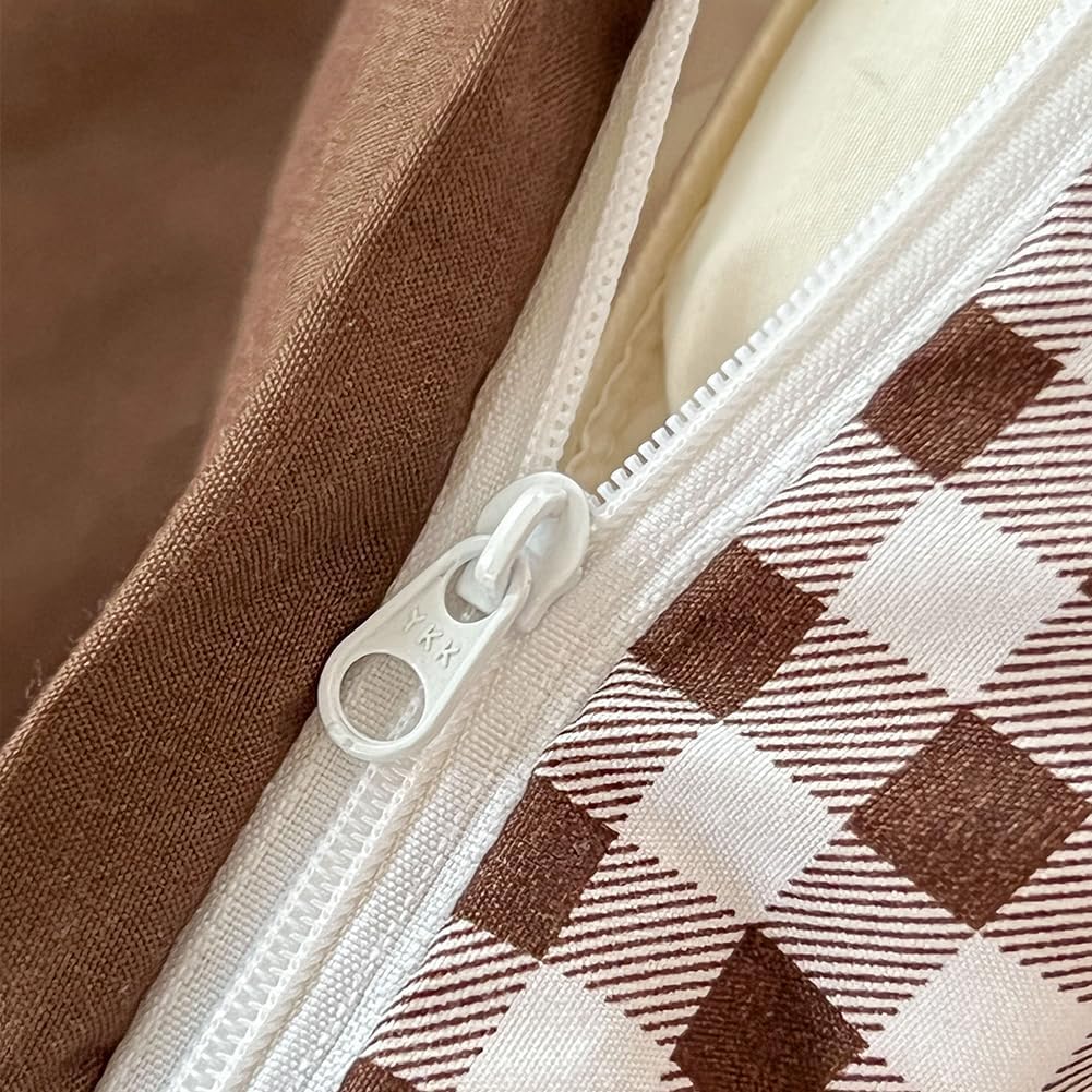 NSNLGSGC Mocha Gingham Duvet Cover Set Queen, Dark Tan Grid Simple Geometric Square Pattern Comforter Cover,Soft Plaid Washed Microfiber Bedding Cover(3PCS,Queen) - Image 8