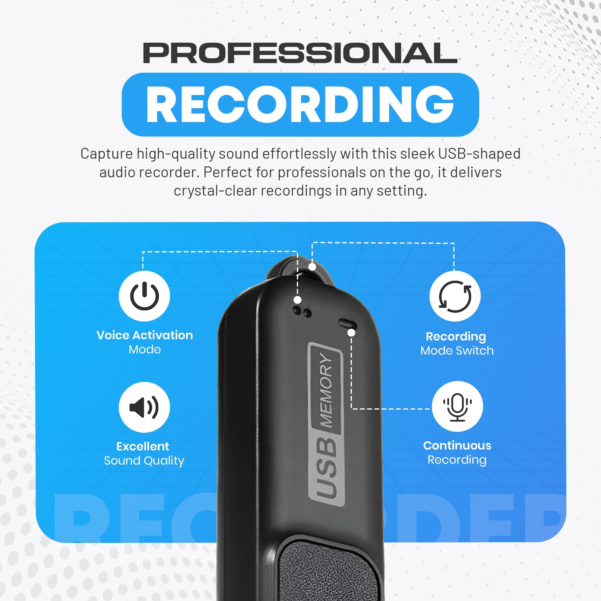 Registratore audio digitale USB-C per appunti, lezioni e riunioni, 288 ore di memoria, 26 ore di batteria, data e ora, facile riproduzione su PC/Mac, registratore vocale compatto per l'uso quotidiano