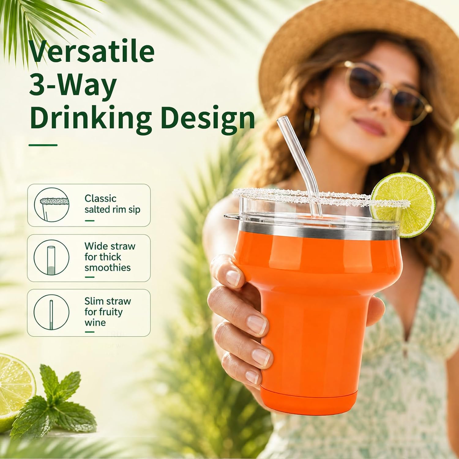 Sursip 16oz Insulated Margarita Tumbler, Cocktail Glass with Lid & Straws