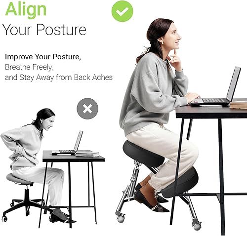 Miniatura 5 de Silla ergonómica de piel sintética, taburete ajustable para el hogar y la oficina con almohadillas gruesas y ruedas de freno flexibles con bloqueo