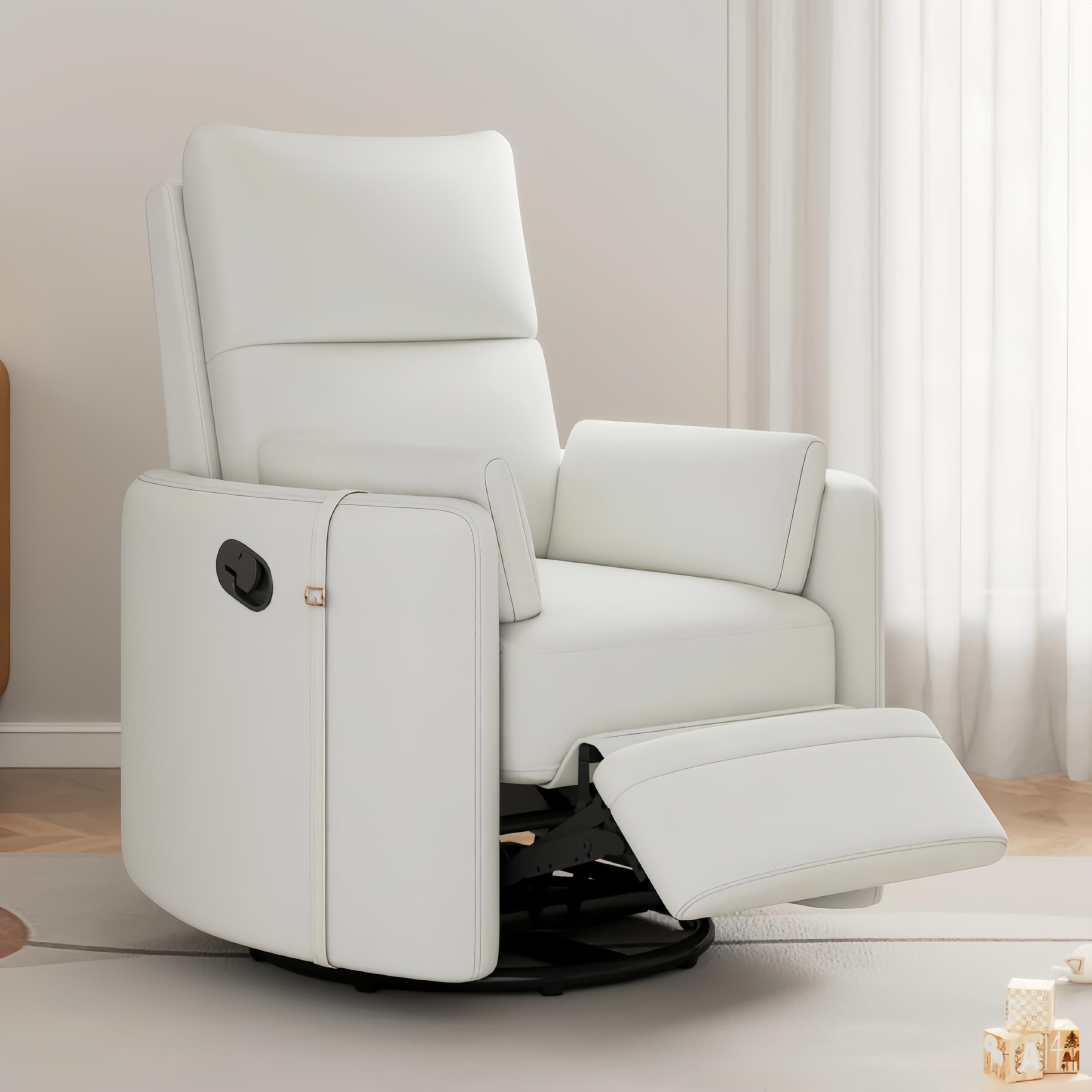 HSUFLWS Nursery Recliner Glider with Adjustable Backrest&Footrest, Baby Glider with 360° Swivel and Rocking Motion for Nursery, Bed Room & Living Room,Small Space,Beige
