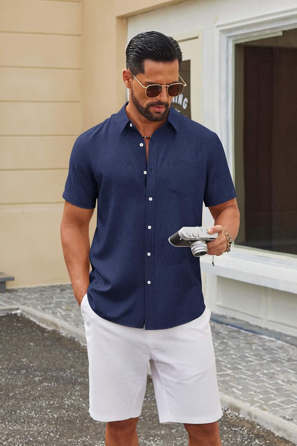 COOFANDY Mens Button Down Shirt Short Sleeve Casual Shirts Summer Beach Textured Shirts with Pocket - Image 3