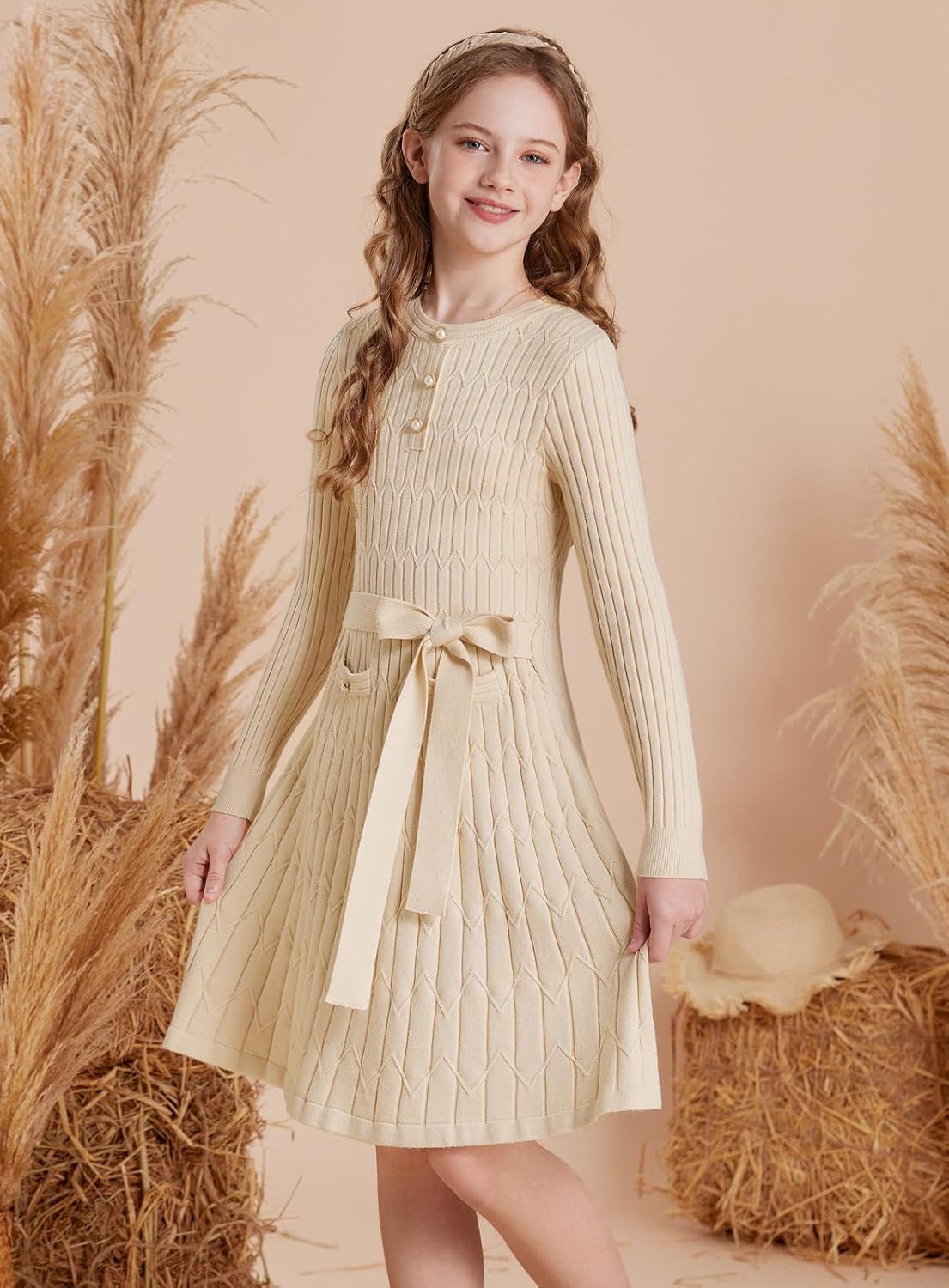 GRACE KARIN Girls Dress Fall Winter Sweater Long Sleeve Cable Knit Button Casual Dresses for Teen Girl 6-14Y - Image 4