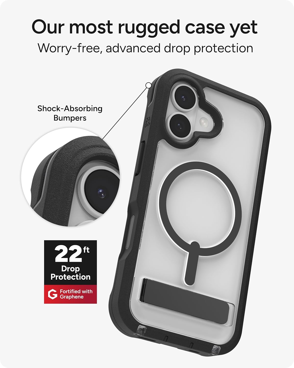 ZAGG Rainier Case with Kickstand for iPhone 17 - Black, Graphene 22ft (7m) Drop Protection, Lanyard Attach Points, MagSafe, Wireless Charging Compatible, 2-Piece Design, Phone Case - Image 3