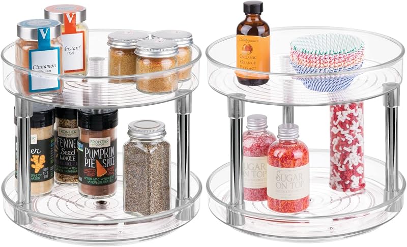2-Tier Lazy Susan Turntable for Kitchen Cabinets, Shelf, Table, Countertop, 9" Multi Level Rotating Organizer Carousel, Storage Turntable Organizer, Ligne Collection, 2 Pack, Clear/Chrome