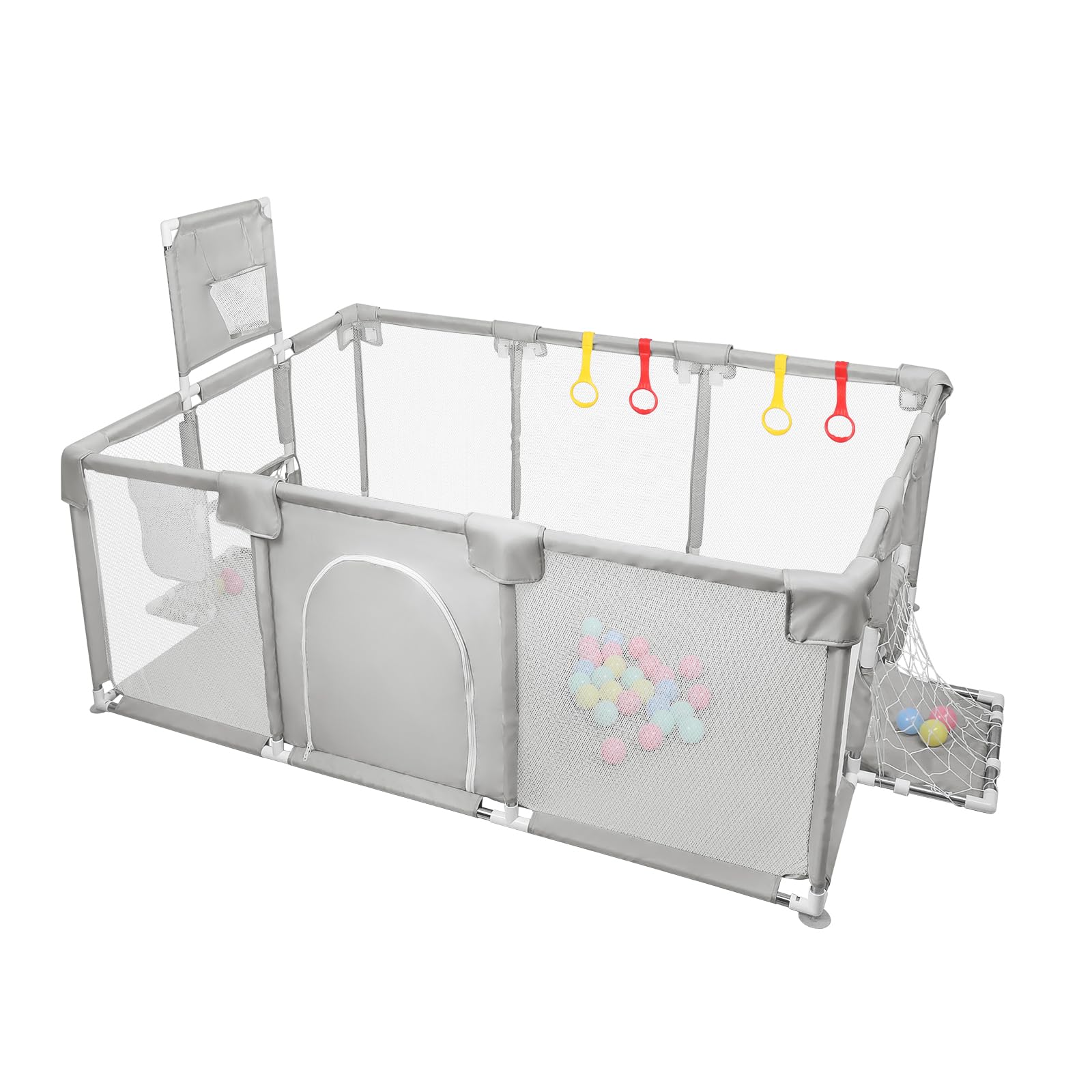 Parque XXL plegable modulable para bebés con barreras / redes / pelota oceánica / 4 asas, Playpen extra grande para bebés y niños pequeños, 180 x 120 x 66 cm, gris claro