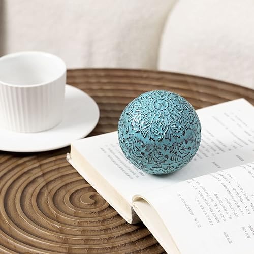 Miniatura 3 de Decoración para mesa de hierro, esferas decorativas de orbes decorativos, 3.35 pulgadas, flor azul turquesa, bola de damasco hueca de metal para