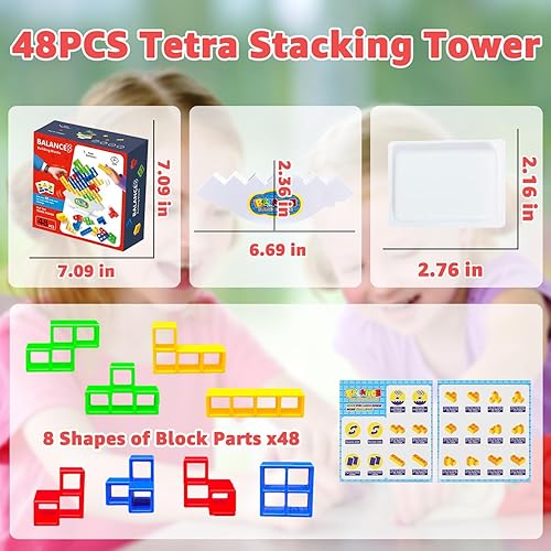 Miniatura 5 de Anemeeoke Juego de 48 bloques de equilibrio de torre Tetra, juegos de mesa para juegos familiares para 2 jugadores, juguetes de equipo, bloques de