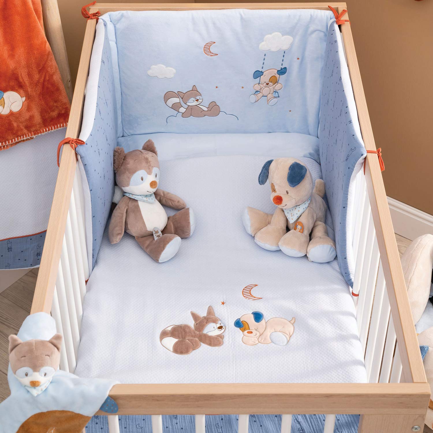 Nattou Set di biancheria da letto reversibile, Cagnolino e orsetto lavatore, Lenzuola 100 x 140 cm, Federa 40 x 60 cm, Jim e Bob, Blu