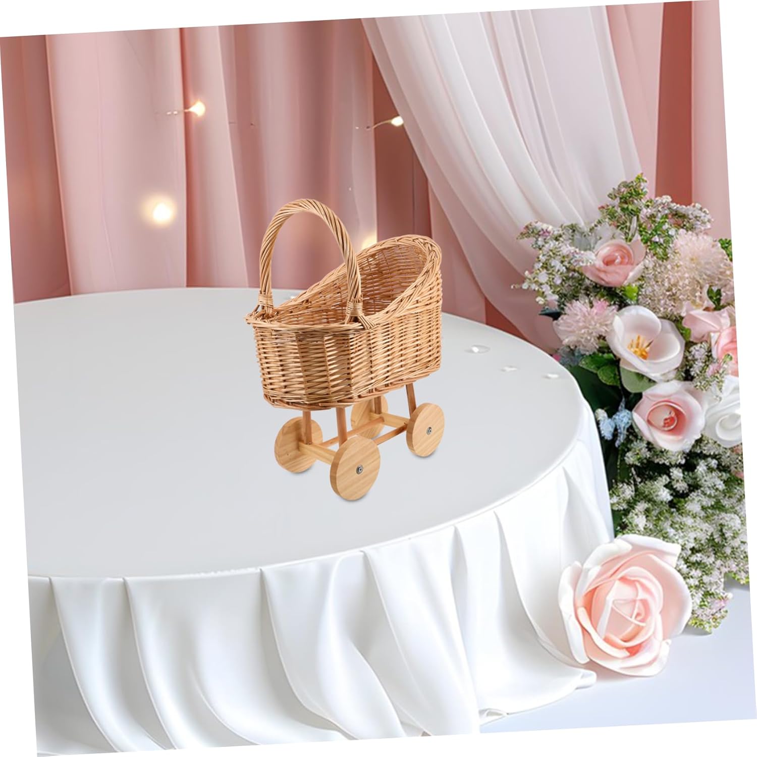 Milisten Woven Rattan Flower Girl Basket Carriage for Weddings Showers Party Centerpieces Light Brown Decorative Basket with Handle Vintage Rustic Charm