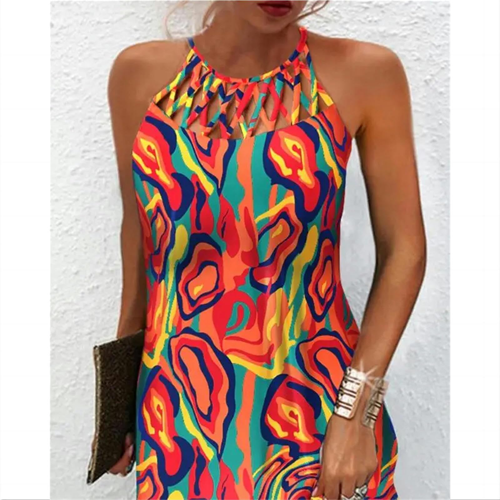 Vestito Donna Elegante Abito da Donna in Abito per Le Vacanze Stampare Cavo Casual Mini Abito Senza Maniche
