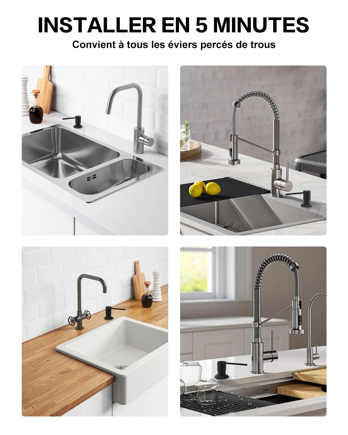 Distributeur Savon Encastrable Noir, Distributeur Savon Cuisine pour Évier, Distributeur Liquide Vaisselle avec Bouteille 300 ML et Tuyau de 1,2 M, Distributeur de Savon en Cuivre, Écrou Métal