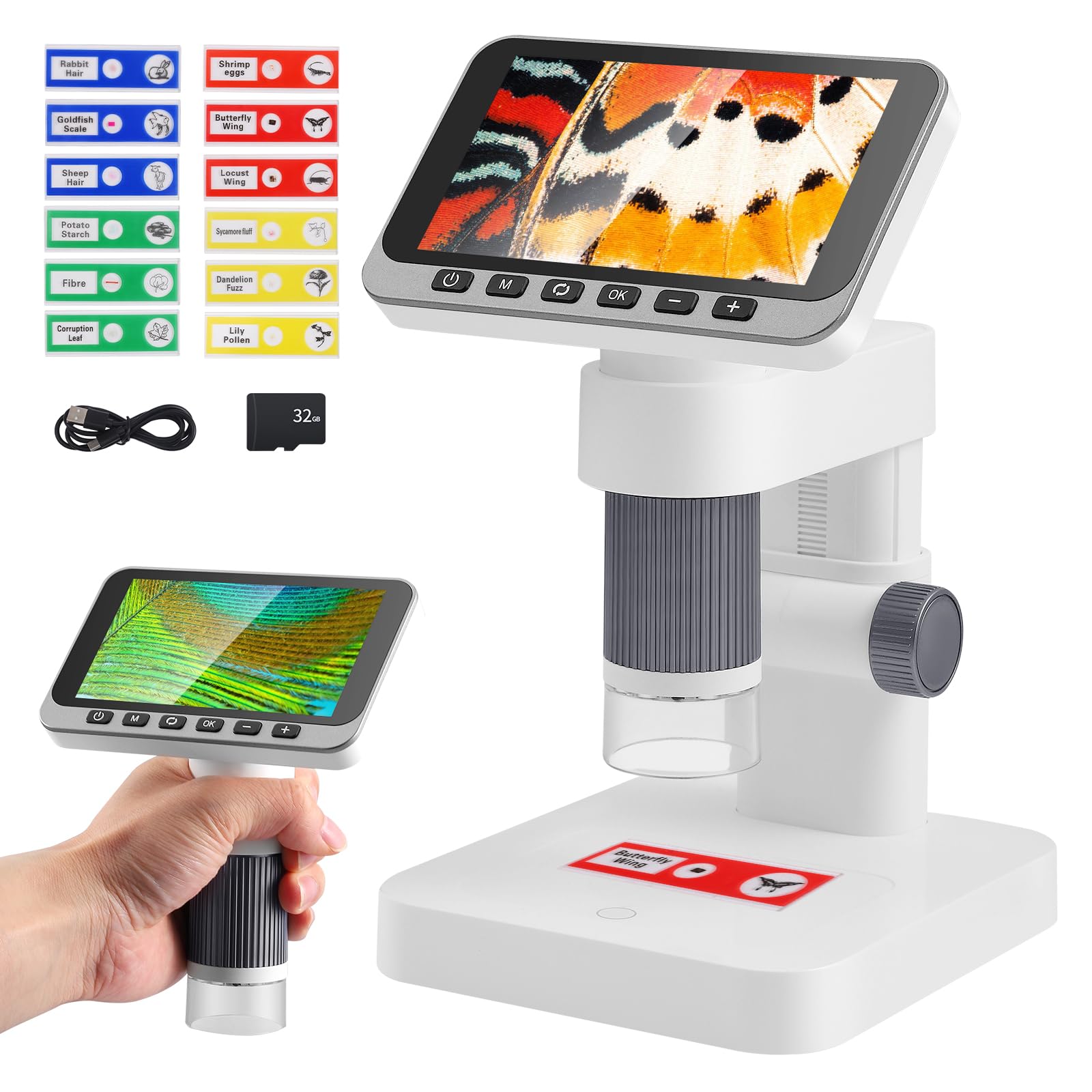 Microscopio digital para niños de 5 a 1000 x, pantalla IPS de 4,5 pulgadas, 1080P, microscopio portátil de mano con tarjeta de 32 GB, foto y vídeo, conexión de PC para escuela naturaleza