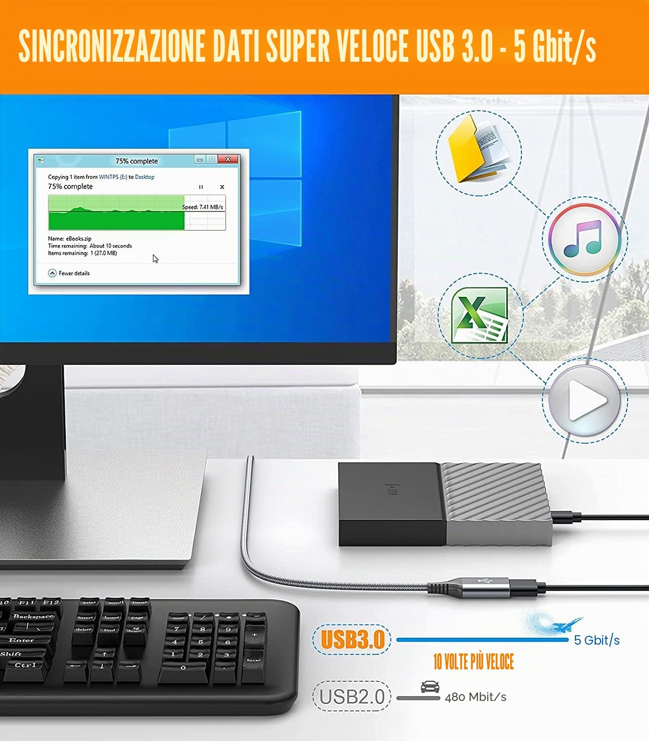 sweguard Cavo Prolunga USB 3.0 [10M] Cavo Prolunga Maschio A Femmina A 5Gbps Nylon per Computer, Disco Rigido Esterno, Stampante, Mouse, Tastiera,Chiavetta/Hub USB, Fotocamera-grigio