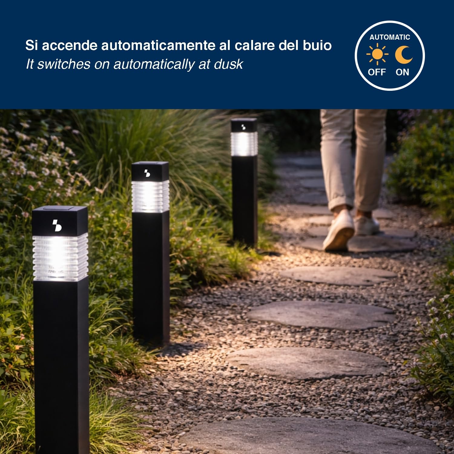 BEPER P207ILO030 Zestaw 3 solarnych lamp schodowych, zewnętrzne lampy solarne LED z kolcami, automatyczne włączanie, oświetlenie ścieżek i rabat kwiatowych, IP44