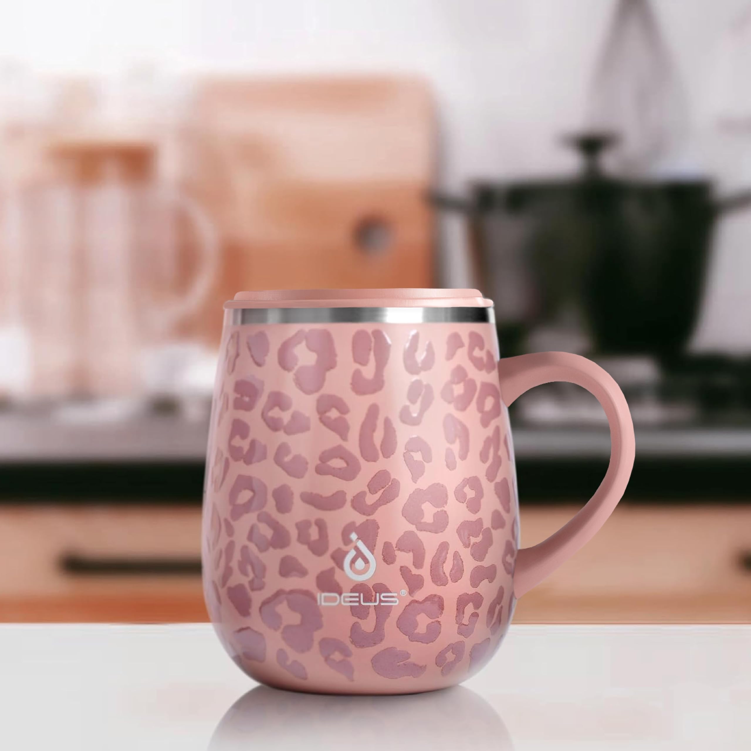 Ideus Taza de café aislada de 16 onzas con tapa y asa (rosa leopardo)