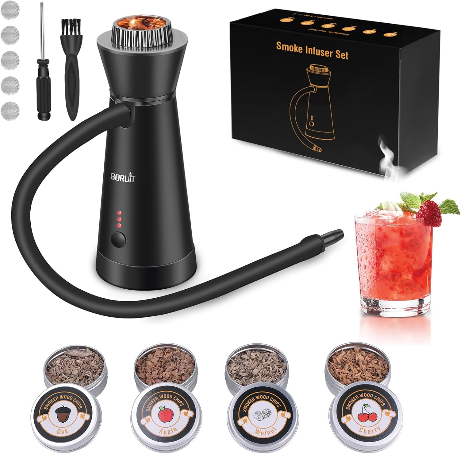 Boruit Smoke Gun for Food and Drink - 4 Flavor Wood Chips, Adjustable 3 Modes, Smoked Old Fashioned Kit, Handheld Smoking Infuser for Cocktail, Whiskey, Meat, BBQ, Cheese