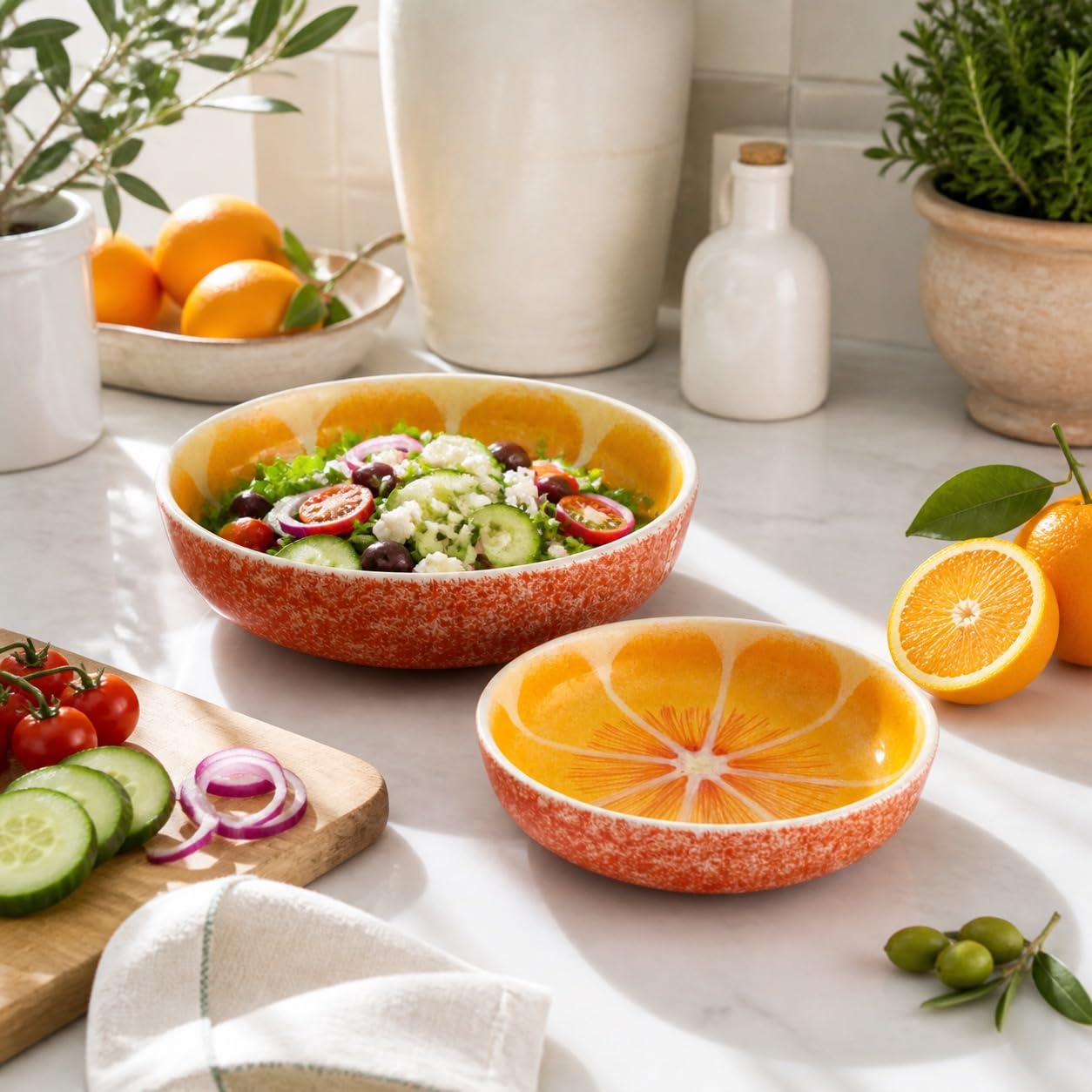 Ensaladera Naranja cerámica pack de 2, bowls grandes 28 cm para ensaladas, fruta y mesa mediterránea