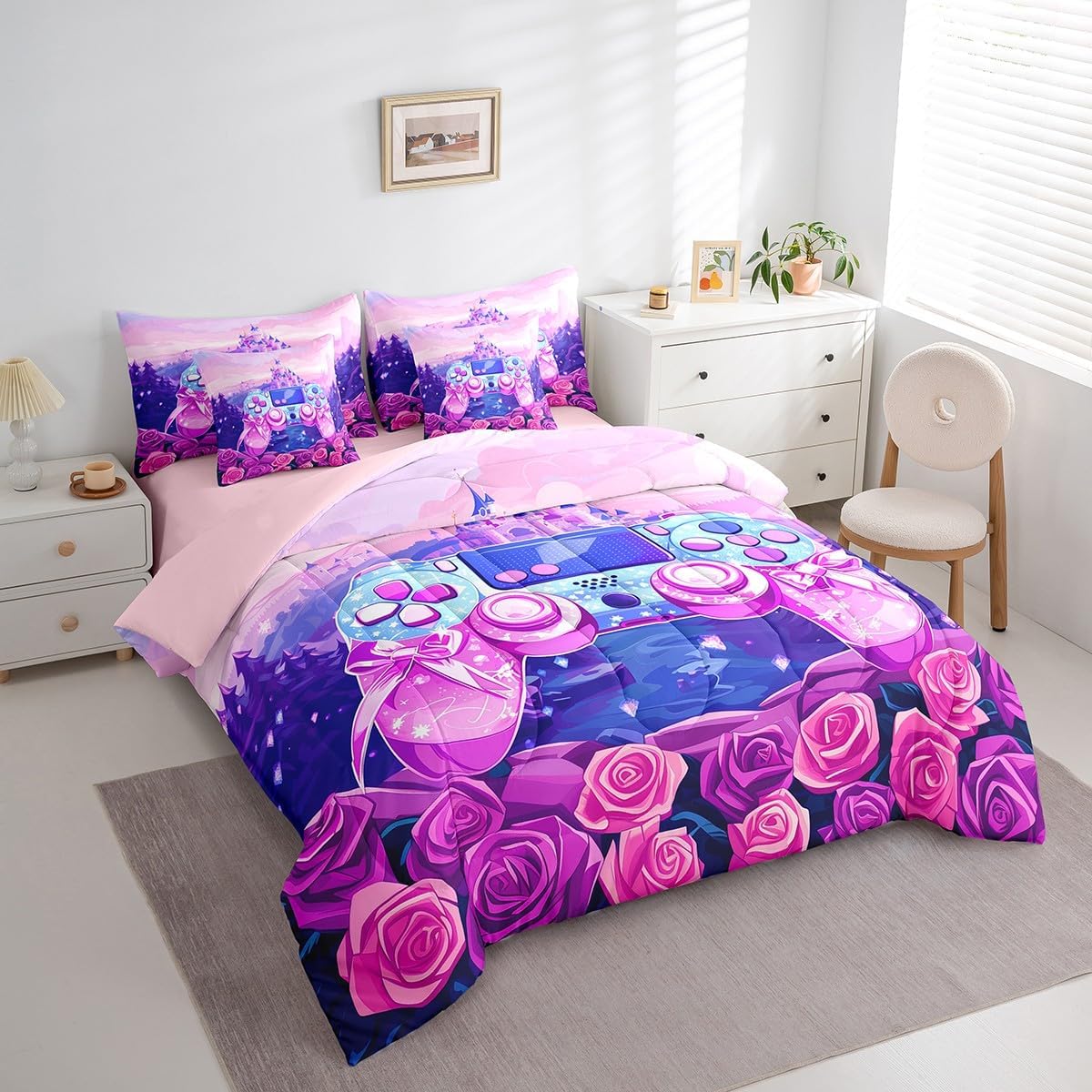 7 Pieces Video Games Controller Gamepad Comforter Full,Tale Castle Rose Flowers Romantic Bedding Set,Stars Bow Tie Pink Romantic（Comforter+Fitted+Flat Sheet+2 Pillowcases+2 Throw Pillow Covers）