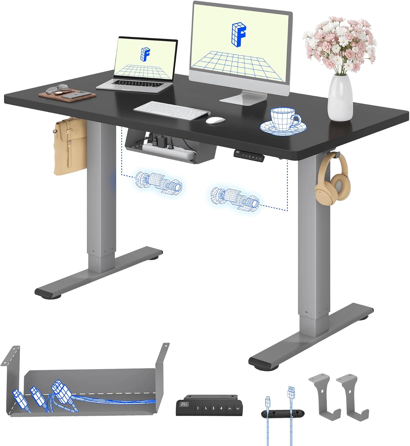FLEXISPOT 120X80cm Escritorio Elevable Eléctrico con Tablero Entero, Standing Desk, Mesa Elevable Escritorio de Elevable con 4 Opciones de Memoria Inteligente para Oficina y Hogar-Negro