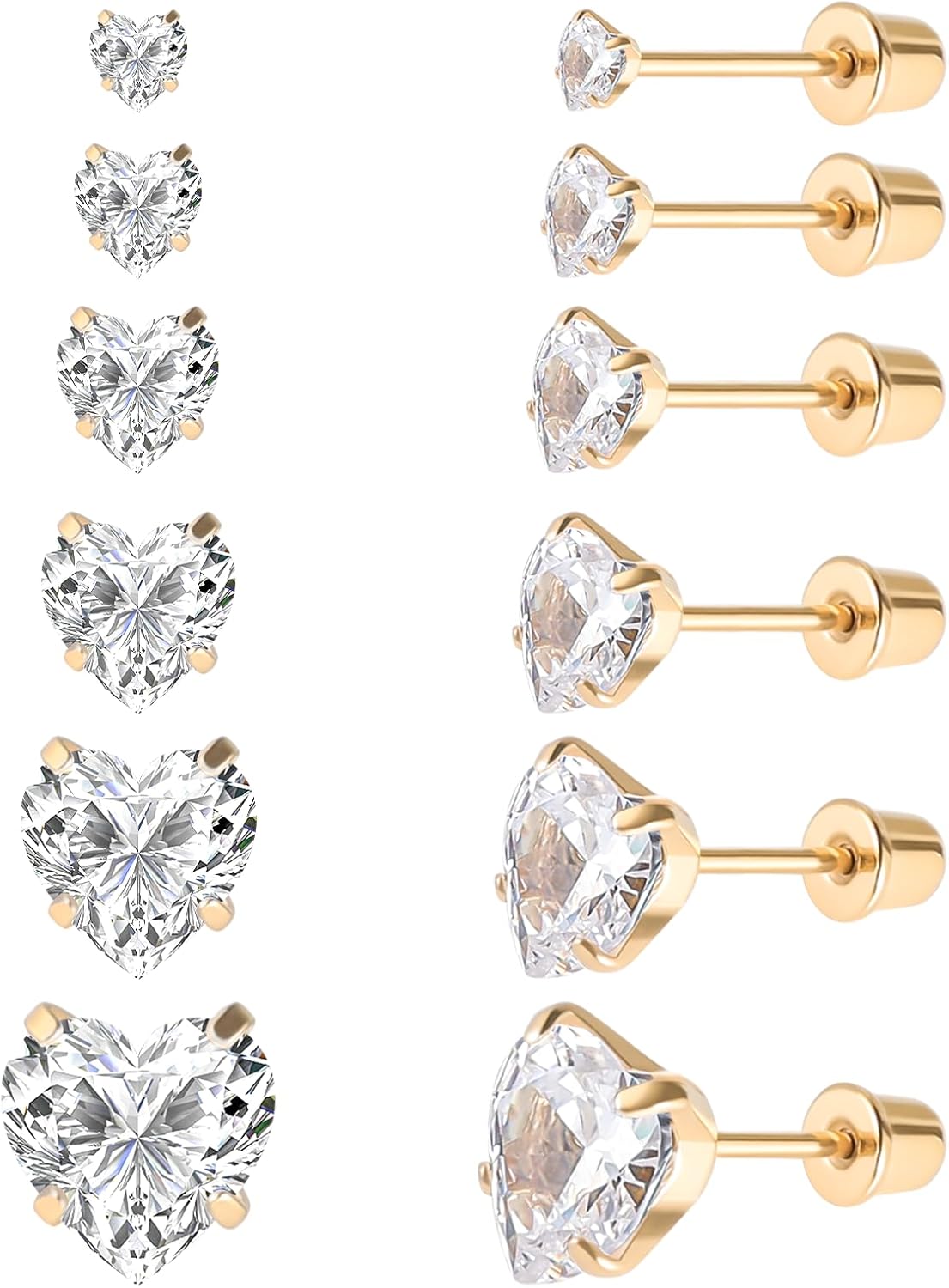 6 Pairs Surgical Stainless Steel Screw back Stud Earrings, 18K Gold Plated Heart Star Square Princess Cut Round Cubic Zirconia CZ Stud Earrings Set