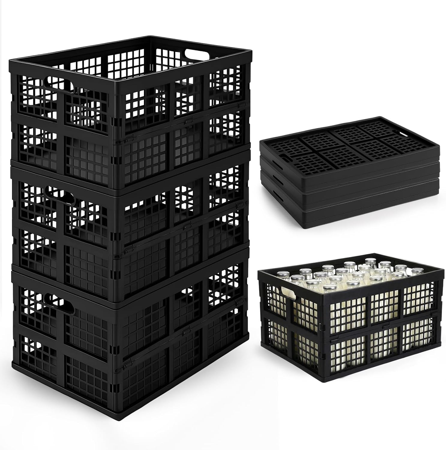 Lounsweer 3 Pack 40 L Collapsible Milk Crate Handled Storage Container Tote 19.7 x 13.8 x 10.2 Inches Utility Stackable Containers Heavy Duty Capacity Crates for Multi Purposes Space-saving