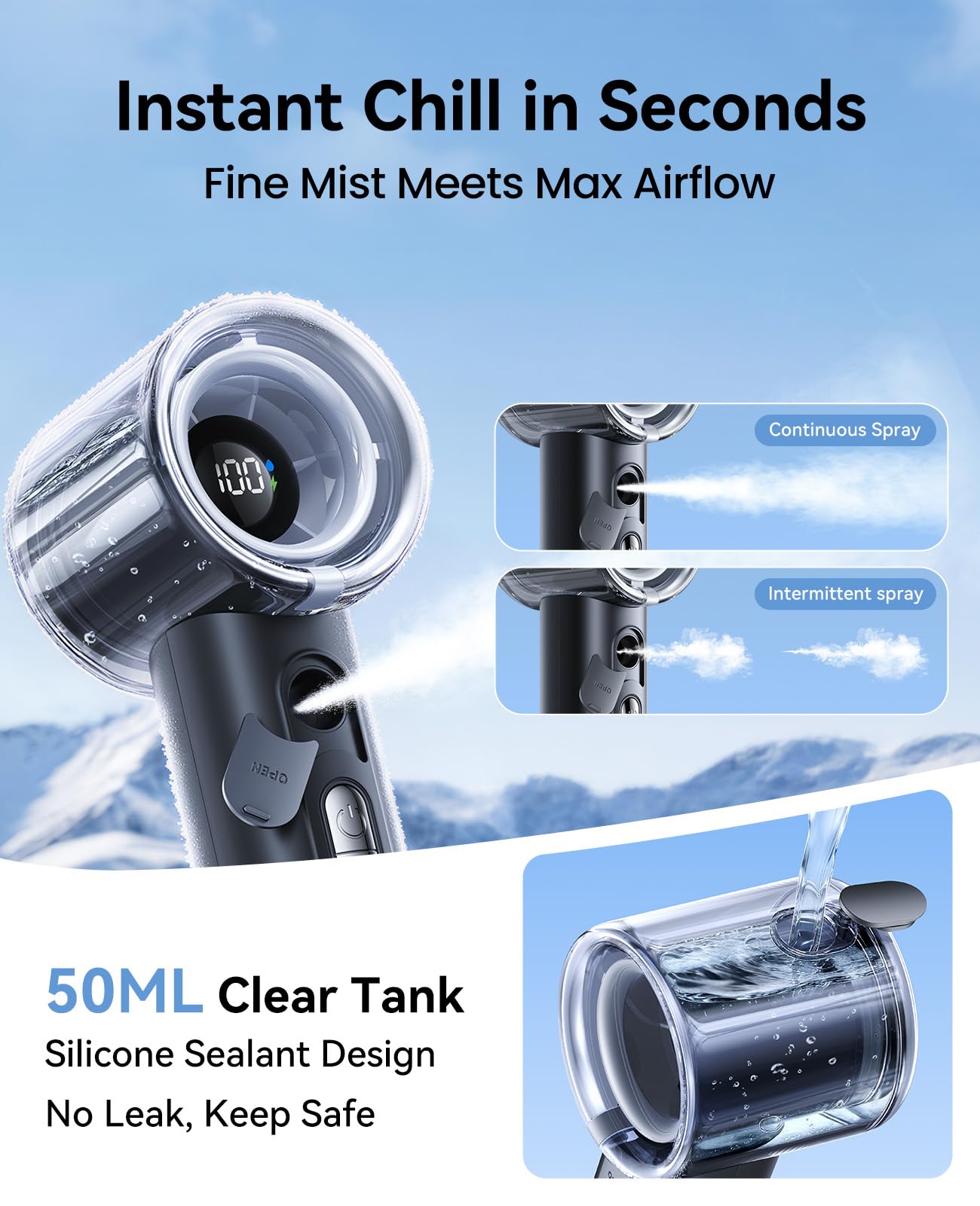KIMMOO Ventilatore Portatile Turbo con Spruzzo di Nebbia, Potente 25000 RPM, Velocità (1-100), Serbatoio Acqua 50ml, Ventilatore Personale Ricaricabile USB, Piccolo Ventilatore da Tasca per Viaggio