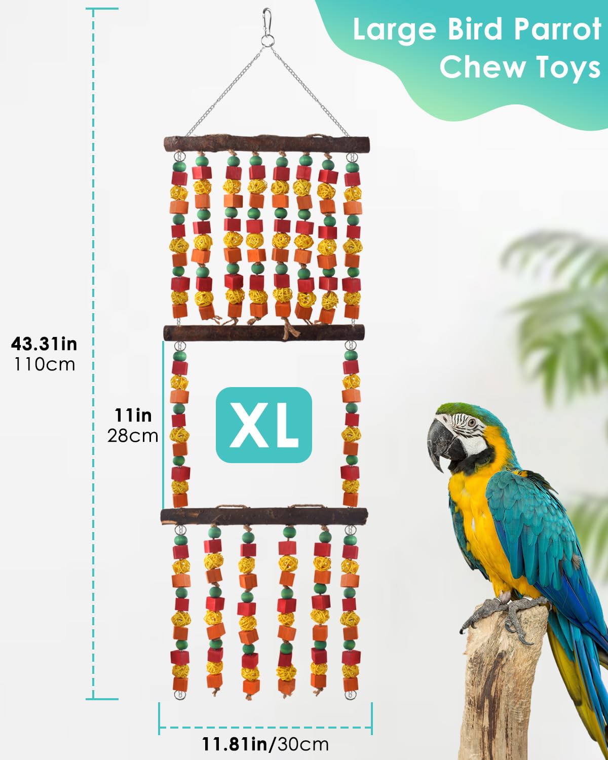 DBNESS Giocattoli per pappagalli extra large da 109,2 cm, blocchi di legno multicolore da masticare con palline e posatoi in rattan per ara, grigi africani, cokatoos, pappagalli amazzonici e
