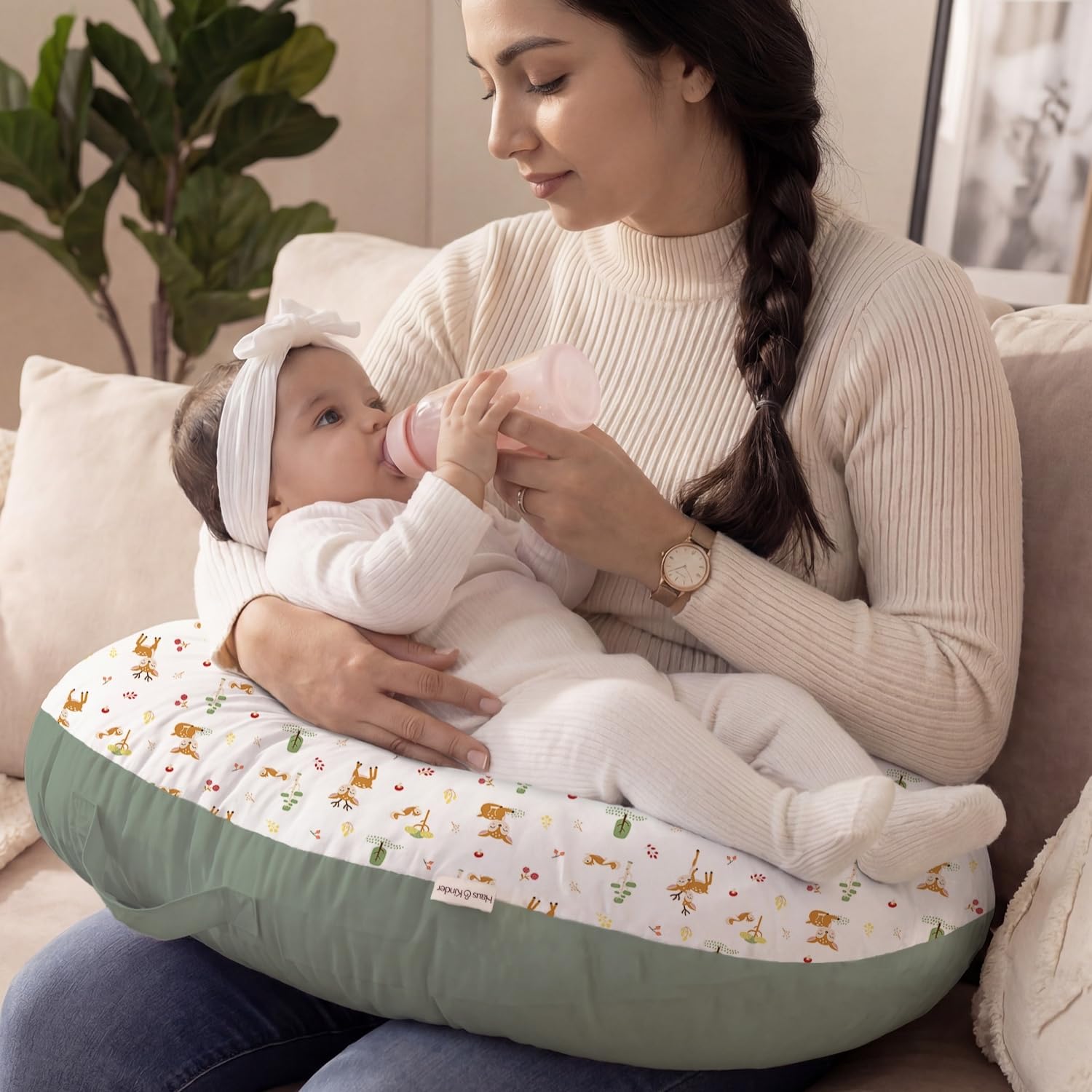 haus & kinder Baby Feeding Pillow for new Born Baby, Breastfeeding & Nursing Pillow with Removable Cover, Infant Support Cushion for 0–24 Months, Tummy Time Pillow (Whimsical Woodland)