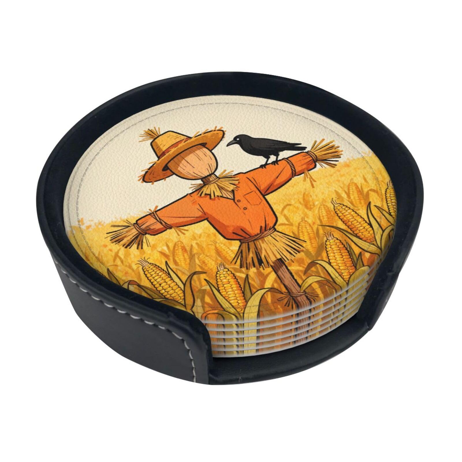 Cntdbu White Scarecrow Crow Leather Coasters Set Of 6-Pu Leather Drink Mats For Table, Heat Resistant Round Coasters With Holder