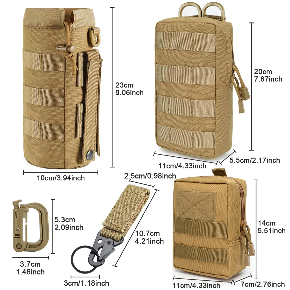 MUCHER 3 Pack Molle Pouches Tactical Waist Bags EDC Utility Pouch Waist Bag with 3 Hooks and 3 Keychains for Outdoor Hiking Hunting Camping Training Travelling (Khaki) - Image 2