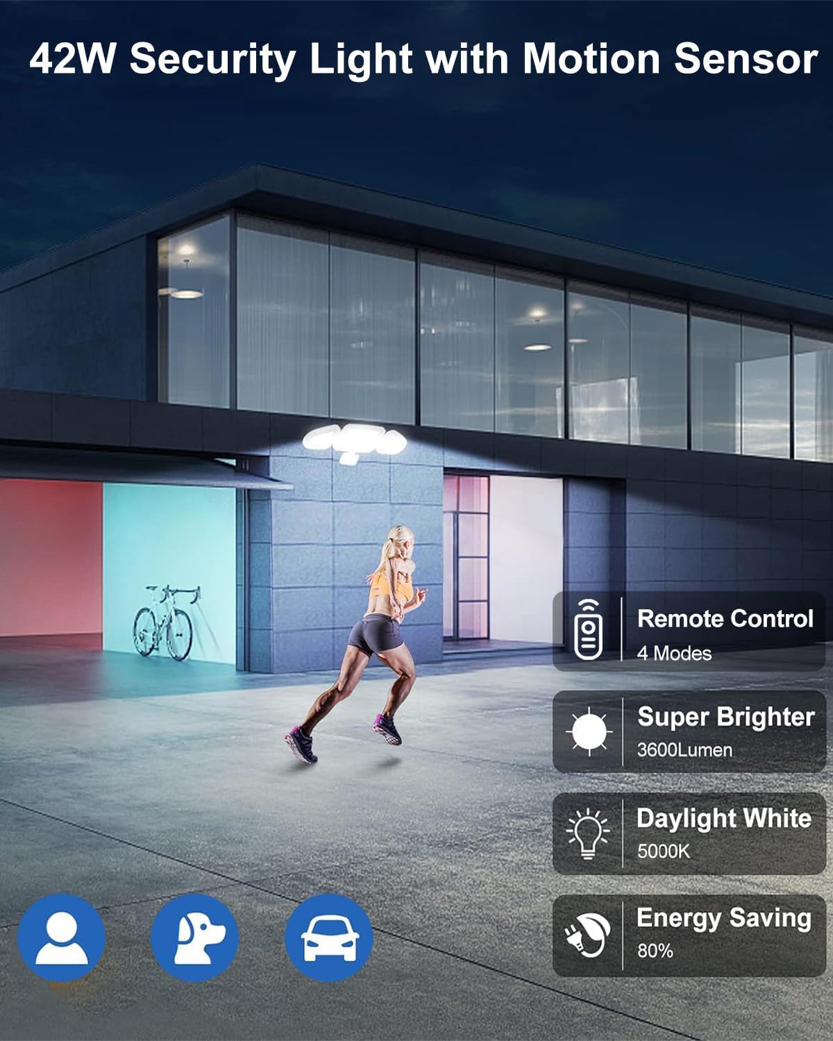 CLY 42W LED Security Lights Motion Sensor Light, 3600LM 5000K, IP66 Waterproof Outdoor Flood Lights, Adjustable Brightness 3 Head Floodlight Remote Control 4 Modes for Garage Yard Eave -White