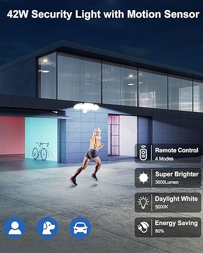 Vista 5 de CLY Luces LED de seguridad de 42 W, luz con sensor de movimiento, 3600 lúmenes, 5000 K, IP66 impermeable, luces de inundación para exteriores