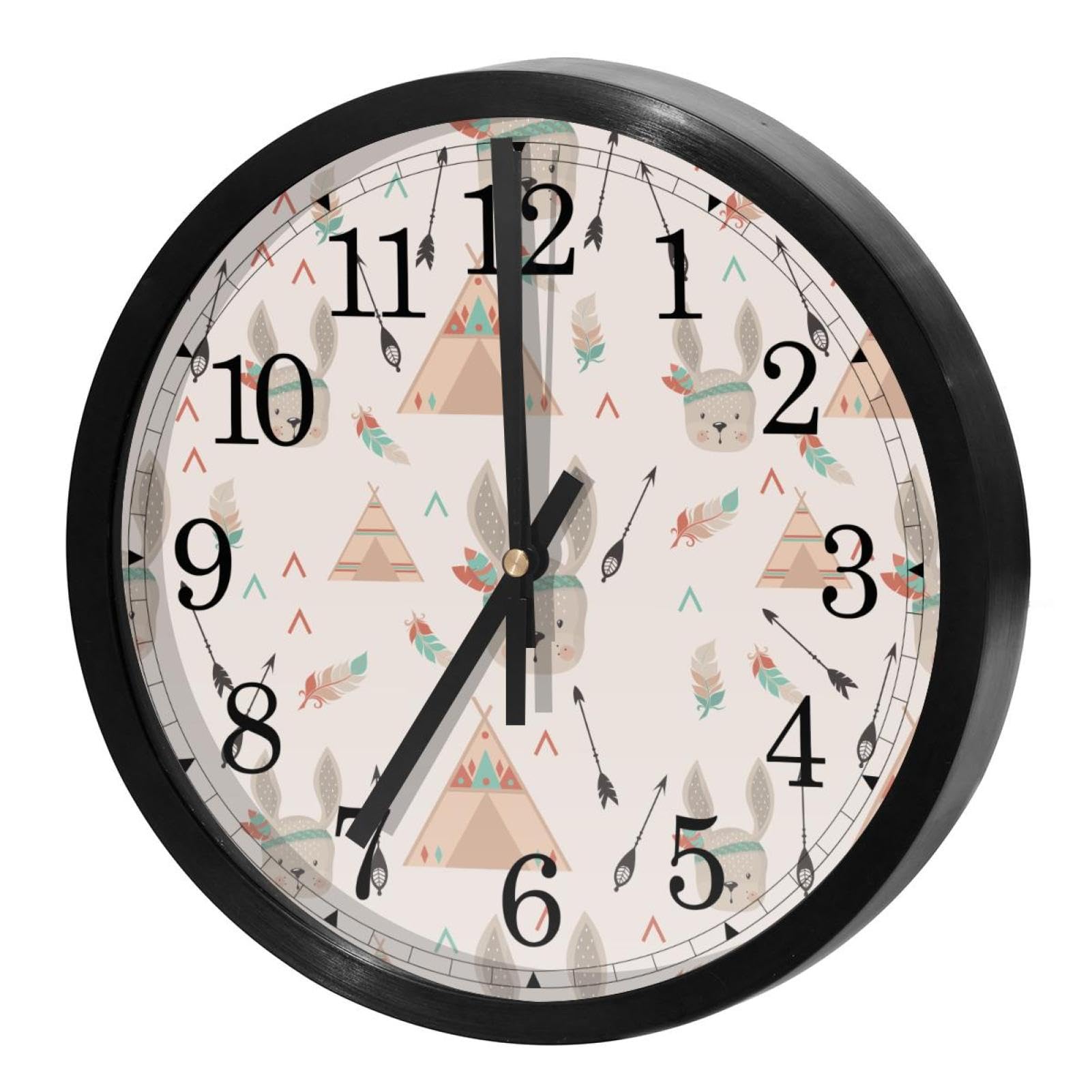 Horloge murale ronde pour cuisine et bureau style lapin indien sans tic-tac à piles
