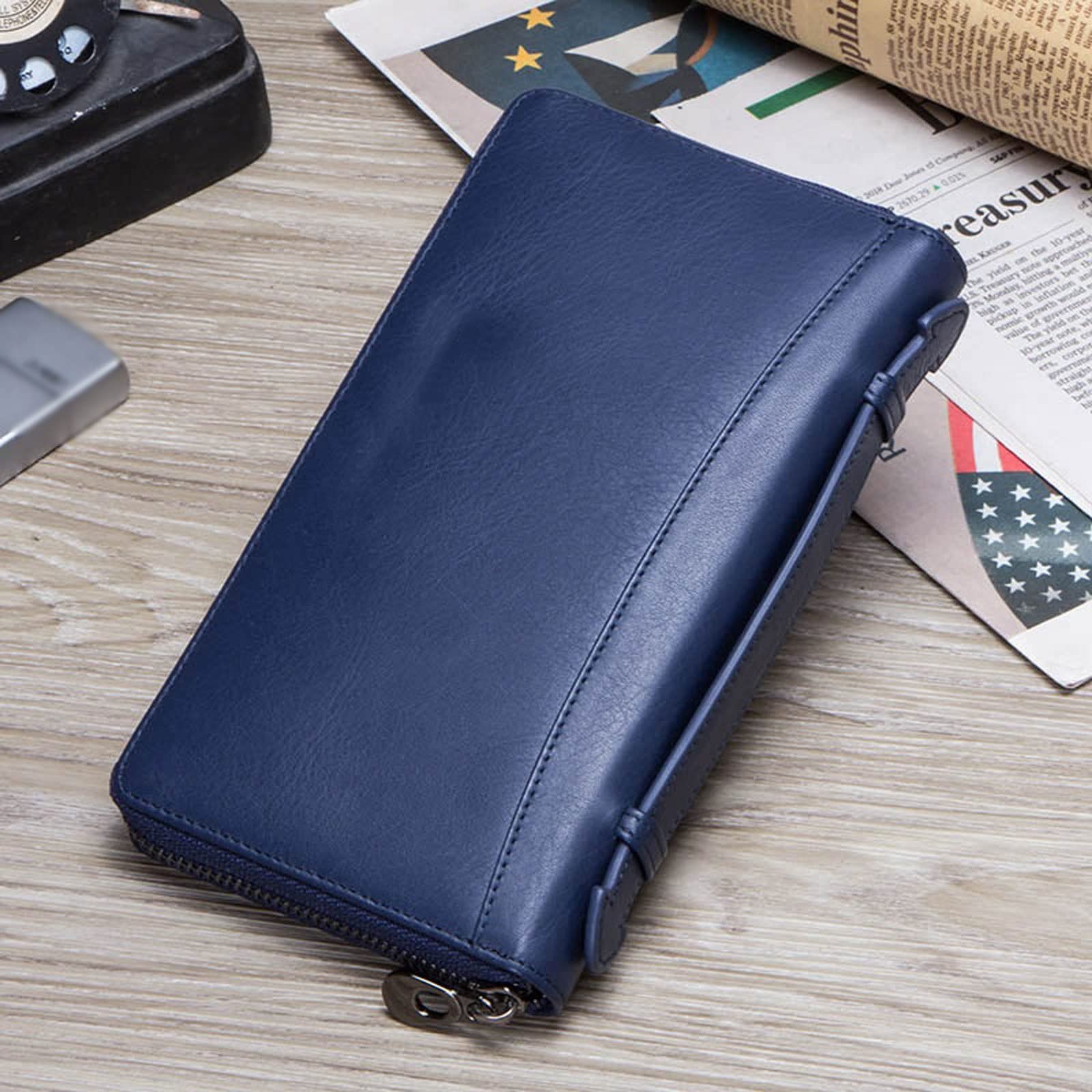 Męskie portfele ze skóry bydlęcej, etui na co dzień, etui na karty, portmonetka na zamek błyskawiczny, etui na paszport, etui na telefon, długi portfel męski (czarny)