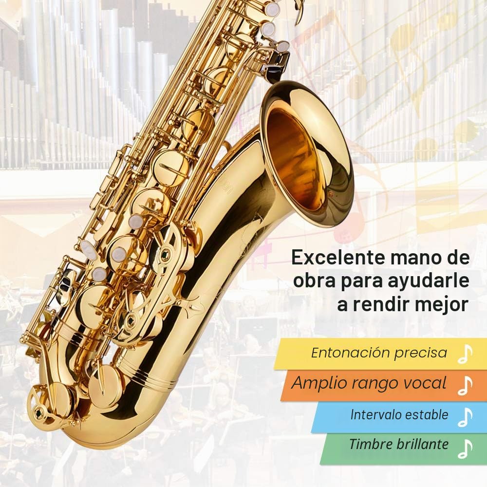 COMETX Saxofón tenor Bb de latón lacado con funda, guantes, correas de cepillo de tela