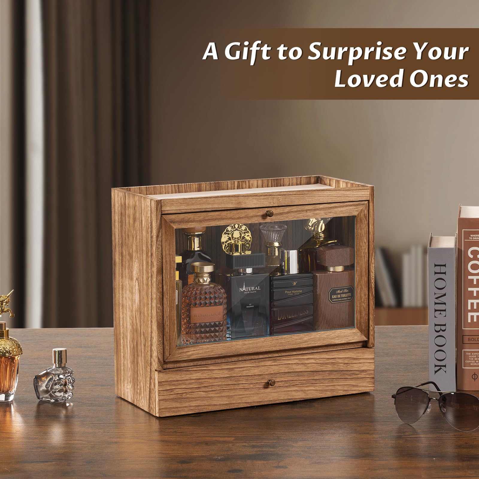 Soporte de colonia, organizador de perfume de madera maciza para hombre, organizador de perfume a prueba de polvo de gran capacidad con cajón de almacenamiento de perfumes, joyas y cosméticos
